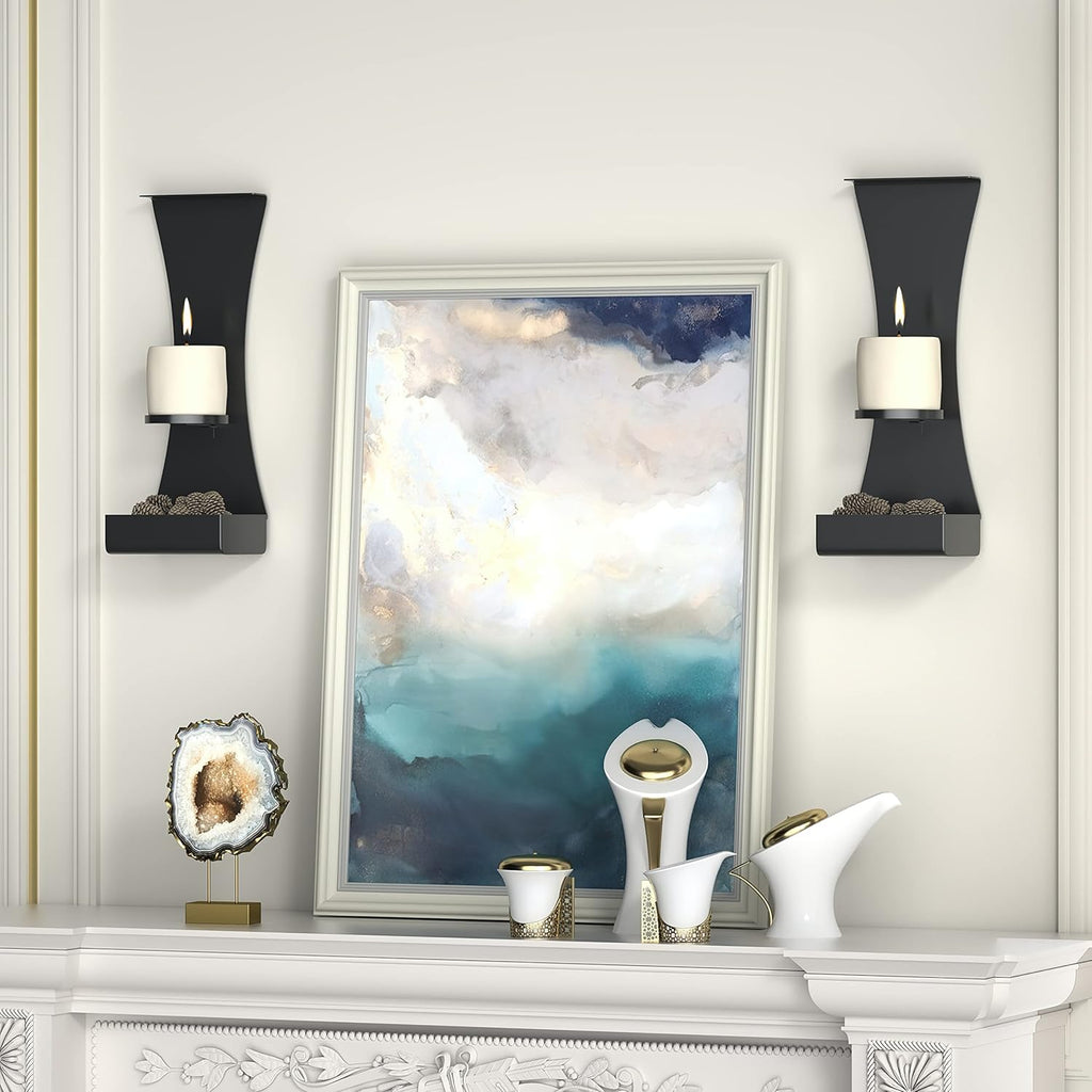 Metal Wall Candle Sconces Wall Decor Set of 2 - Wall Candle Holders Decorative Set of 2 - Metal Wall Decorations for Living Room - Black Metal Wall Sconces Set of Two Candle Holders