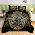 Boho King Comforter Set Black and Gold Comforter Hamsa Hand of Fatima Bohemian Floral Printed Hippie Bedding Sets 1 Comforter 2 Pillowcases(King, Hamsa Hand)