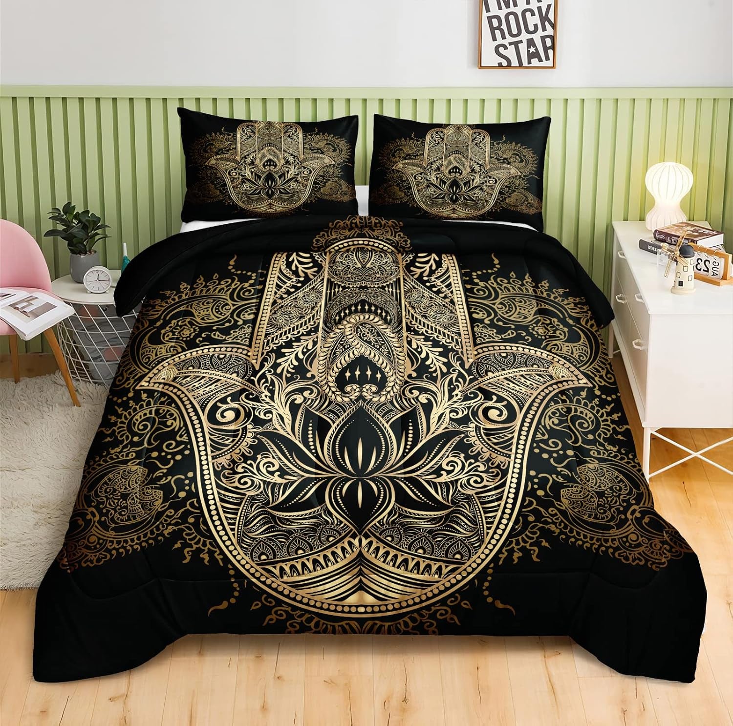 Boho King Comforter Set Black and Gold Comforter Hamsa Hand of Fatima Bohemian Floral Printed Hippie Bedding Sets 1 Comforter 2 Pillowcases(King, Hamsa Hand)