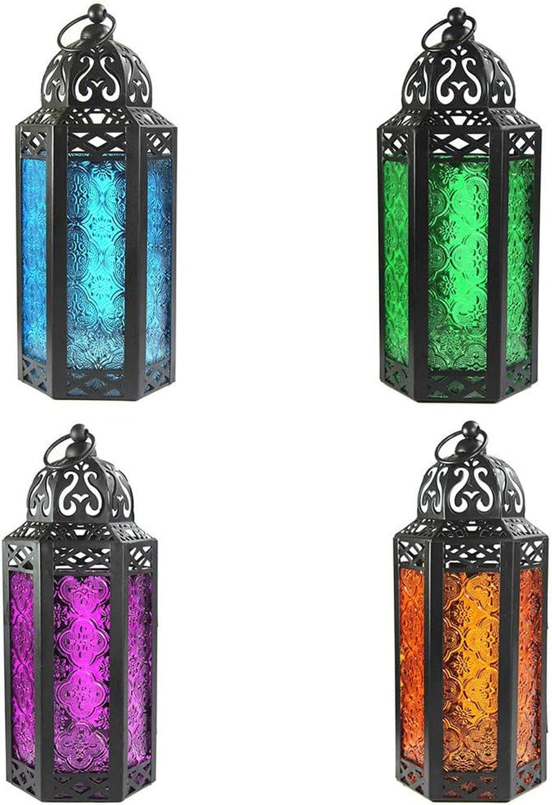 Hanging Lantern, Vintage Wrought Iron Hanging Candle Holder, Candle Holder for Courtyard Table (Blue)