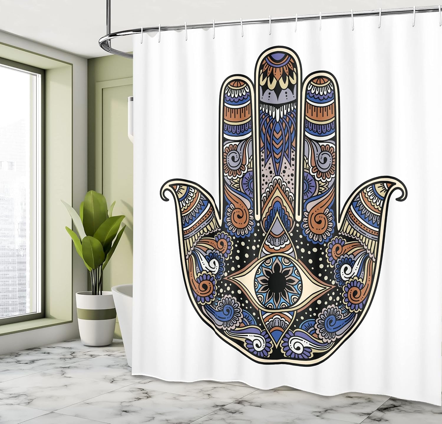 Hamsa Shower Curtain, Hand Drawn Boho Style Vintage Sign with All Seeing-Eye Doodle, Cloth Fabric Bathroom Decor Set With-Hooks, 69" W X 75" L, Blue Caramel