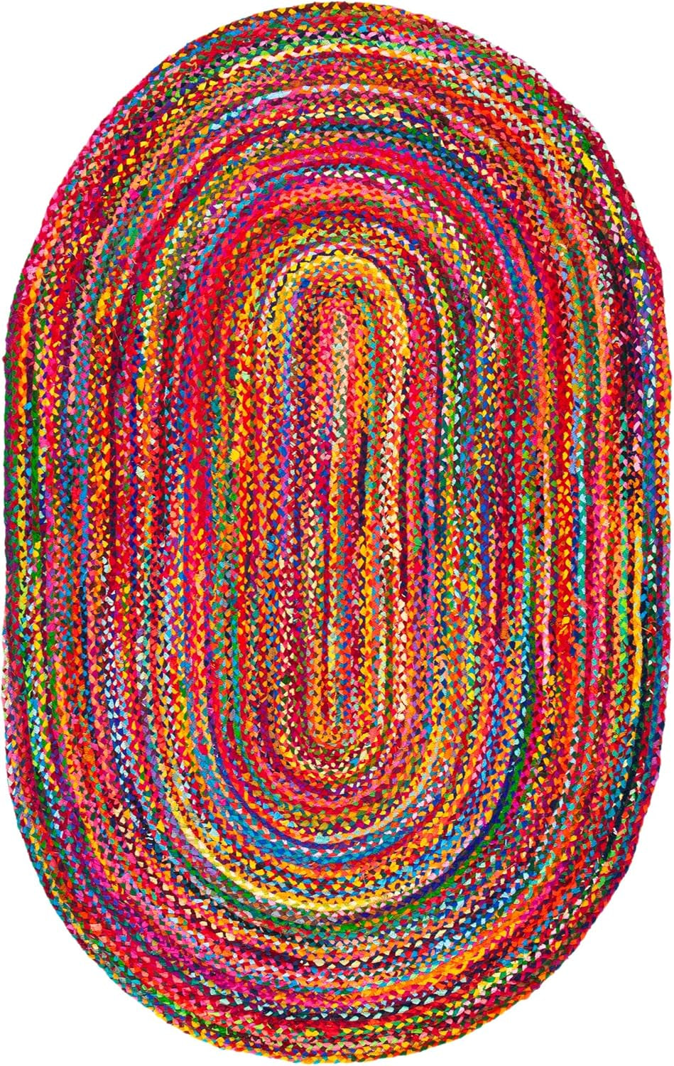 Braided Collection Area Rug - 5' X 8' Oval, Red & Multi, Handmade Woven Cotton, Boho Reversible Style, Ideal for Living Room, Bedroom (BRD210A)