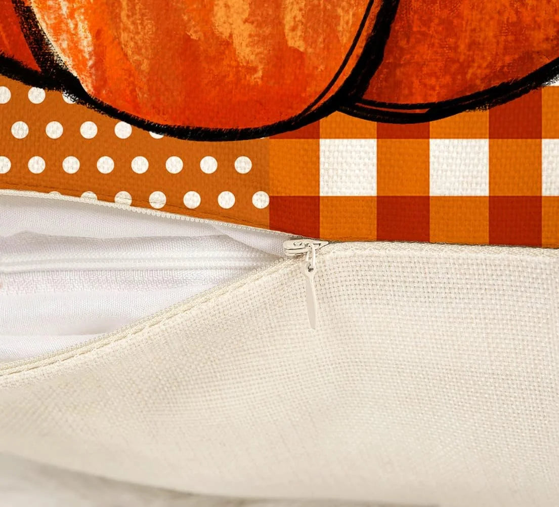 Fall Decor Pillow Covers 18X18 Set of 4 Thanksgiving Buffalo Check Farmhouse Decorations Dot Orange Pumpkin Maple Leaves Outdoor Decorative Throw Cushion Case for Home Couch