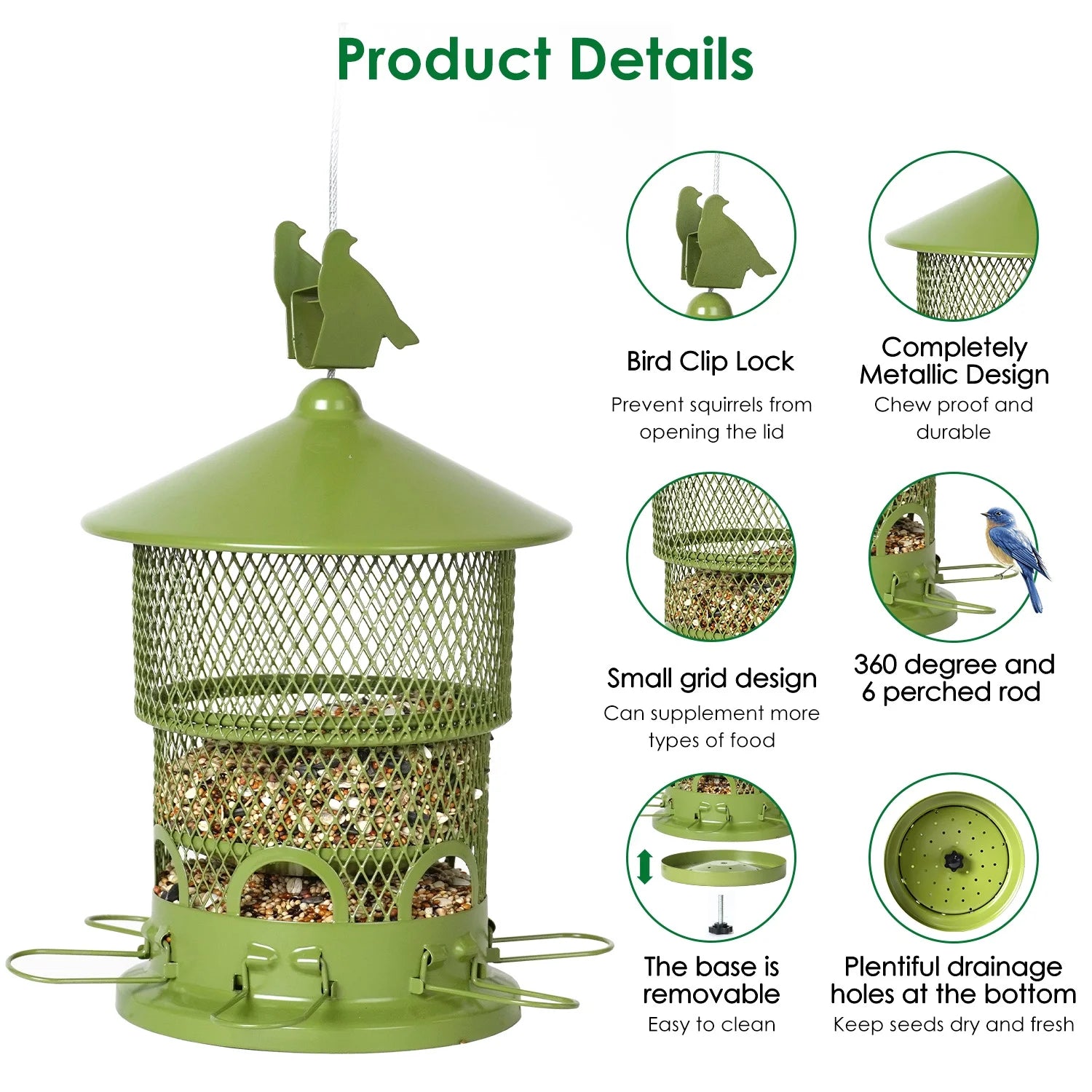 Squirrel-Proof Wild Bird Feeder - Outdoor Hanging Mesh Feeder with 6 Feeding Ports - 4LB Large Capacity, Attracts Bluebirds, Cardinals, Finches, Blue Jays, and More