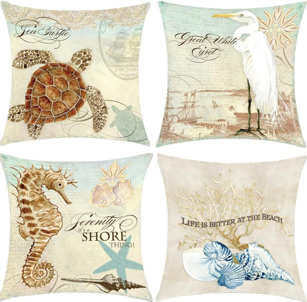 Outdoor Summer Pillow Covers 18X18, Set of 4 Beach Pillow Case, Patio Decoration Cushion Covers Cushion Case for Home Summer Seasonal Decoration