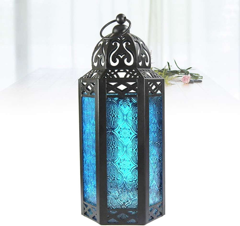 Hanging Lantern, Vintage Wrought Iron Hanging Candle Holder, Candle Holder for Courtyard Table (Blue)