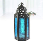 Hanging Lantern, Vintage Wrought Iron Hanging Candle Holder, Candle Holder for Courtyard Table (Blue)