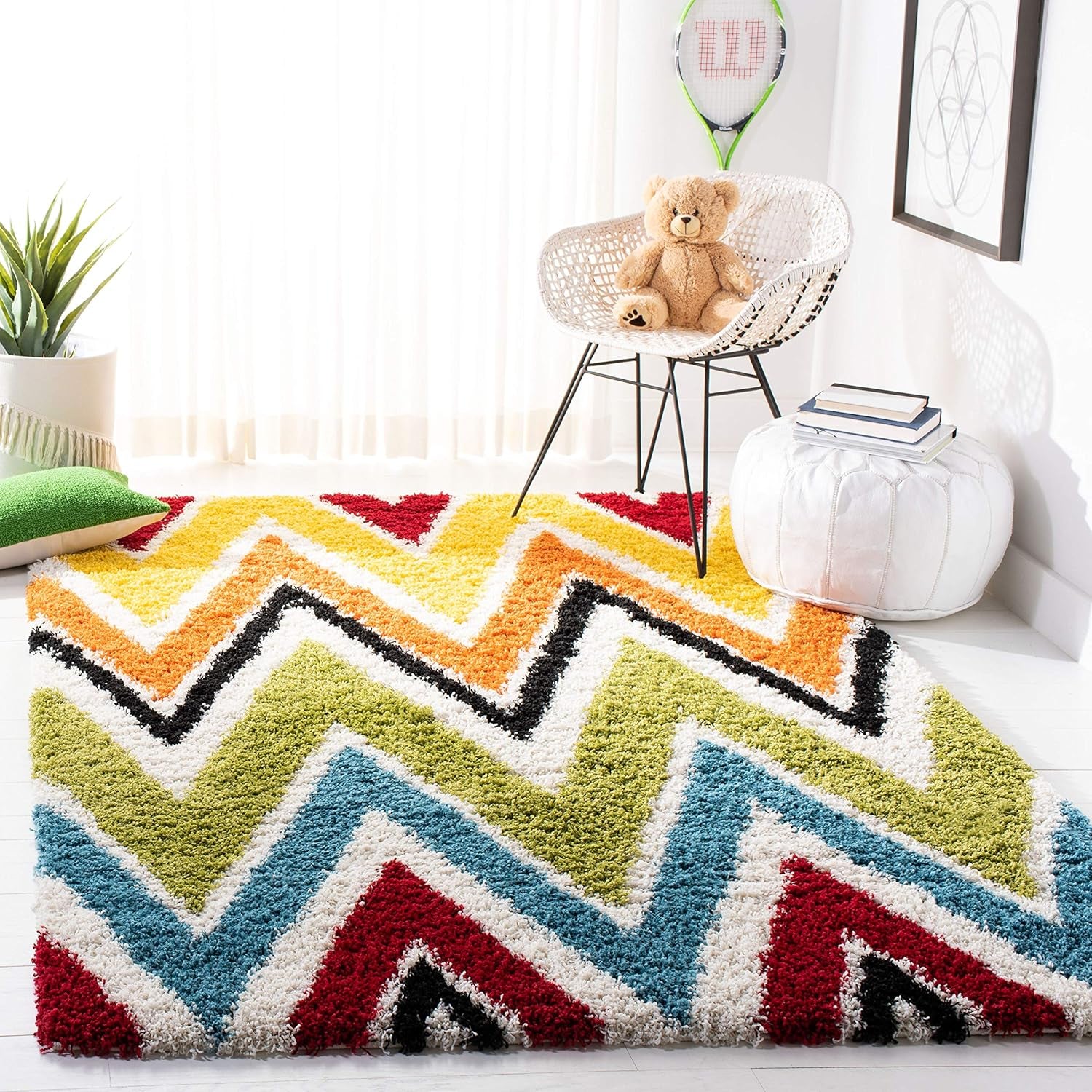 Kids Shag Collection Accent Rug - 4' X 6', Ivory & Multi, Rainbow Design, Non-Shedding & Easy Care, 2-Inch Thick Ideal for High Traffic Areas in Entryway, Living Room, Bedroom (SGK567A)