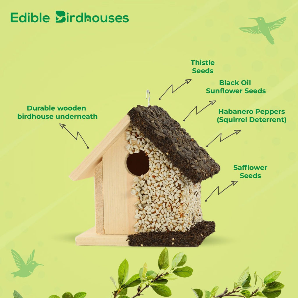Edible Birdhouse - Birdseed Bird Feeder, Wooden Birds House Covered in Wild Bird Food, Squirrel Resistant Birds Feeders for outside Hanging, Watching Gift for Garden Lovers, (SL)