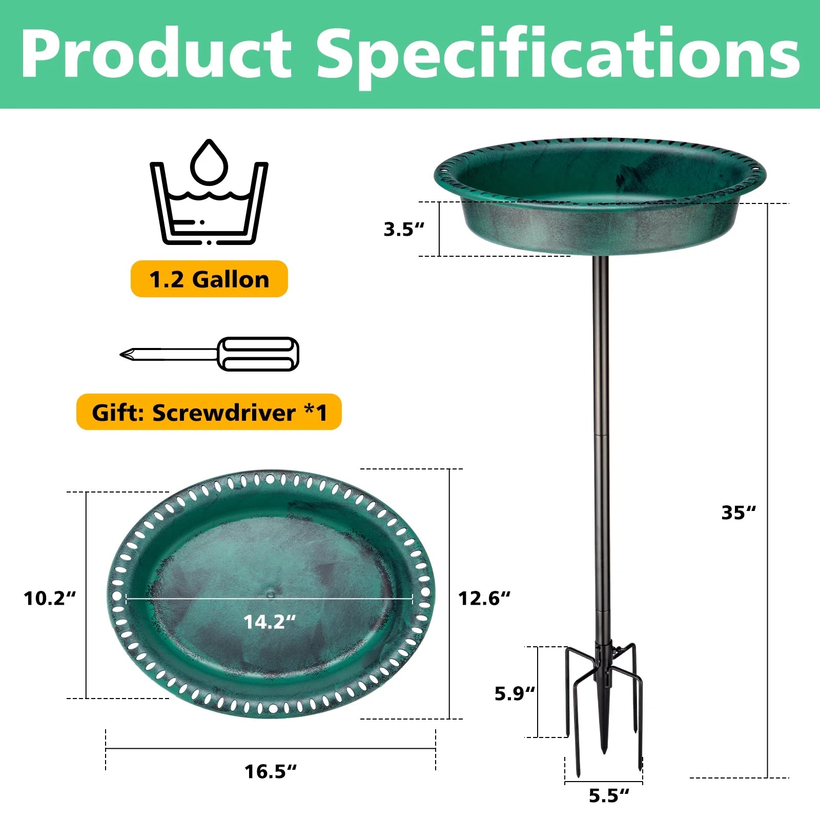Oval Polyresin Bird Bath Bowl with Metal Stake, 34 Inch Height Outdoor Freestanding Birdfeeder - Green
