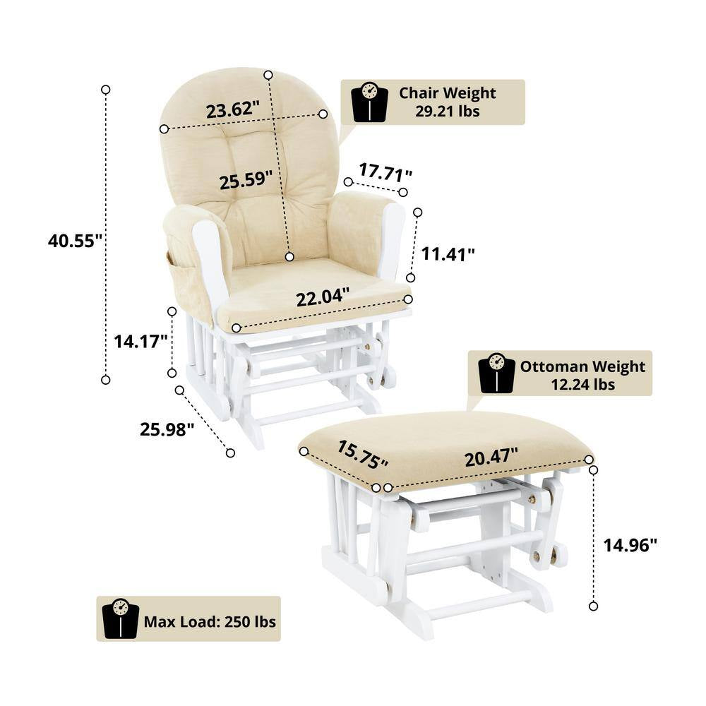 White/Cream Modern Glider Nursery Rocking Chair with Ottoman, Ideal for Breastfeeding and Reading