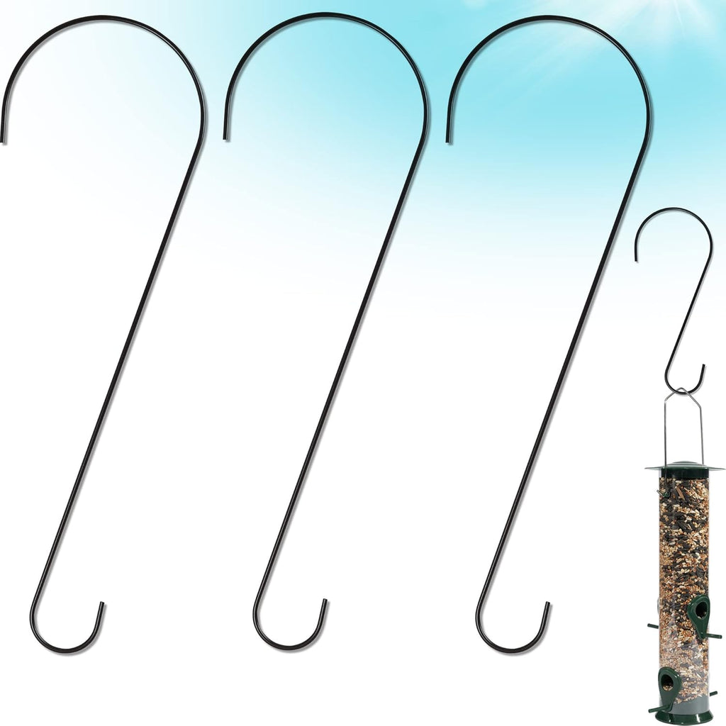 Metal Tree Branch Hook, 23 Inch Long, Black, 3-Pack, Premium Extra Thick 1/5 Inch Diameter Rust Resistant Steel S-Hooks for Bird Feeders and Baths and More - Outdoor or Indoor Use