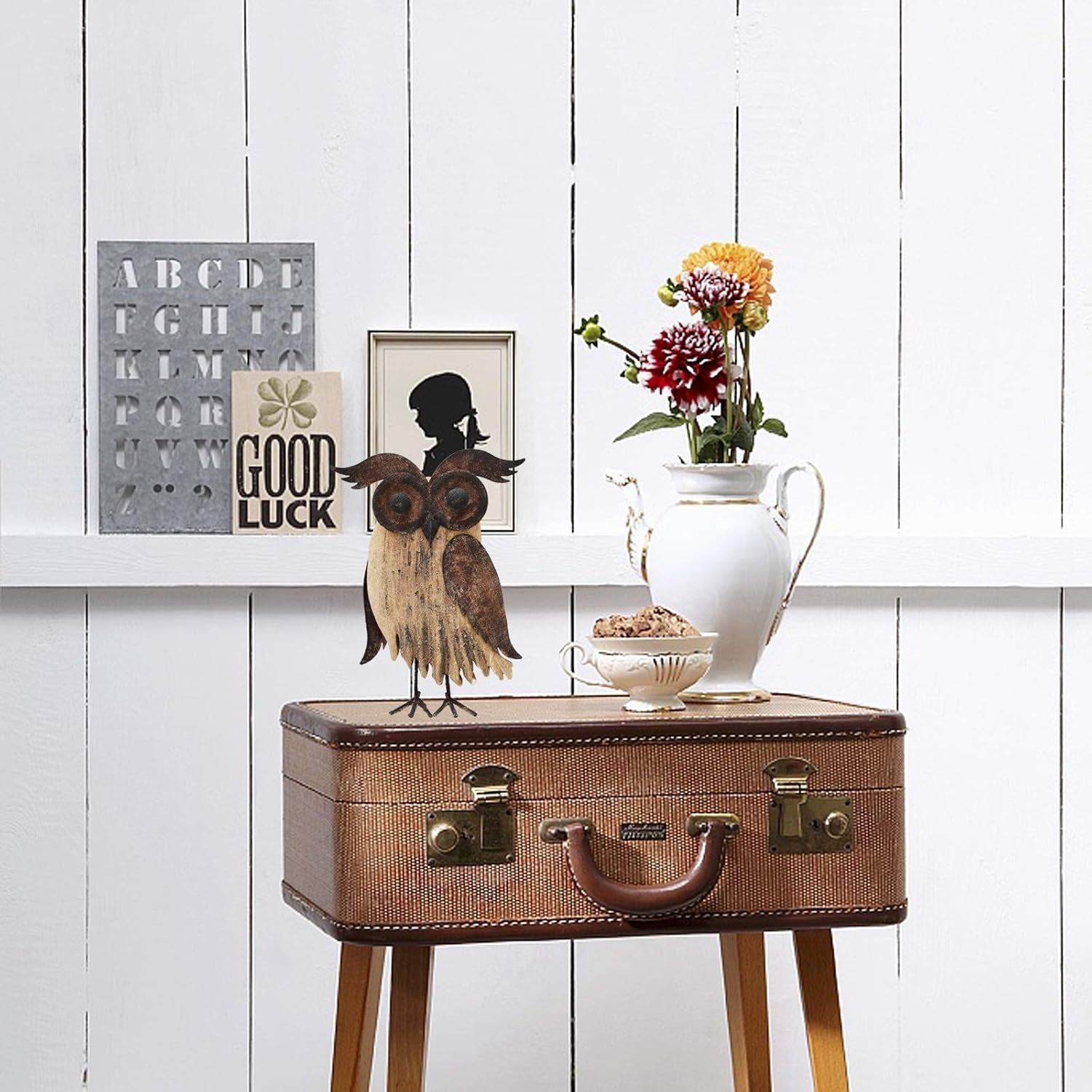 Wood Bird Figurine Home Decor Accent, Rustic Owl Statue Tabletop Decoration for Living Room Bedroom Office, Abstract Spring Summer Autumn Decor (Rust Color B)