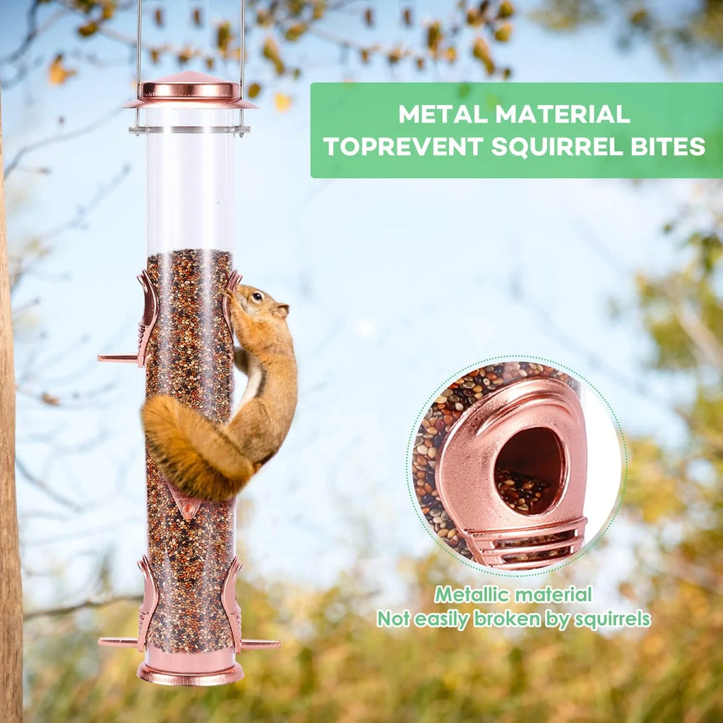 Wild Bird Feeders for Outdoors Hanging, Metal Tube Feeder, 6 Feeding Ports, Rosegold - 1 Pack