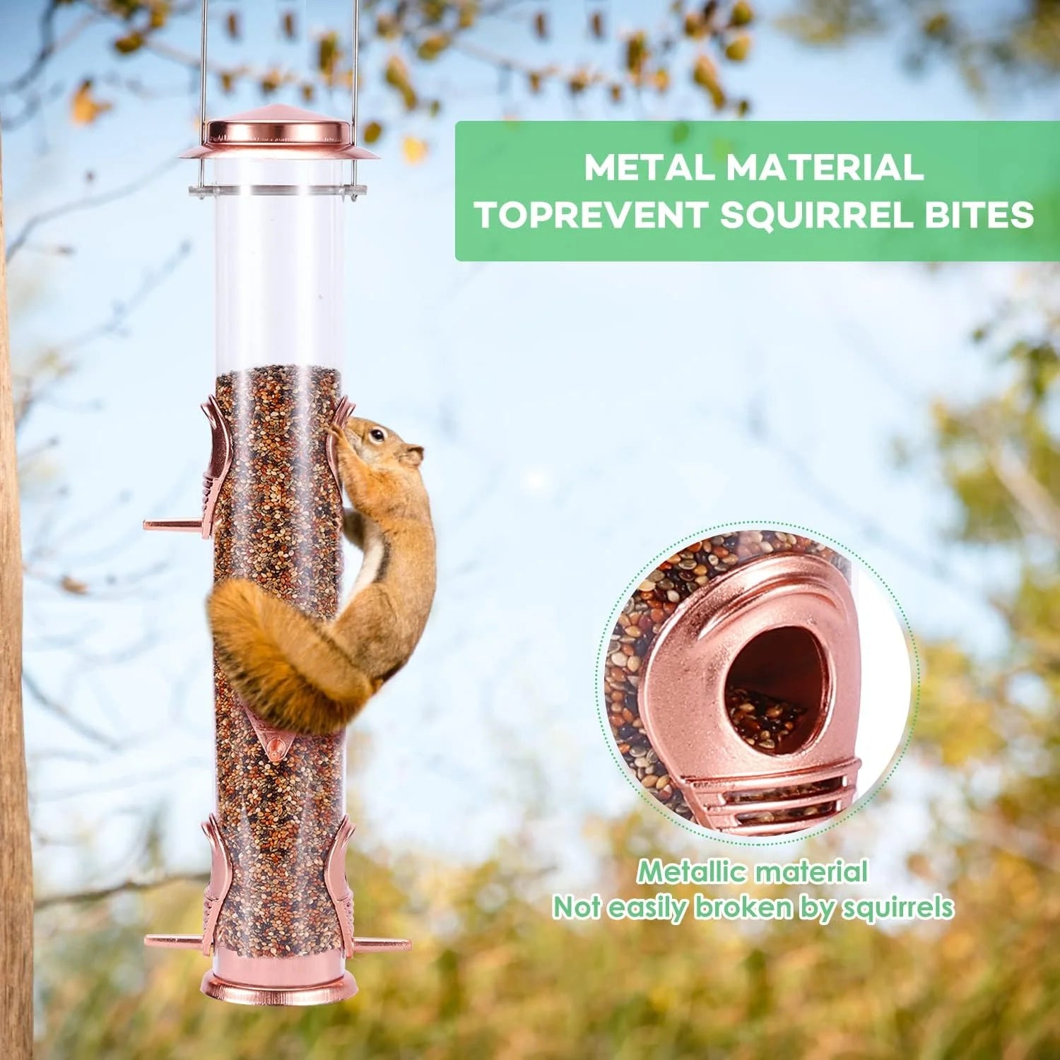 Wild Bird Feeders for Outdoors Hanging, Metal Tube Feeder, 6 Feeding Ports, Rosegold - 1 Pack