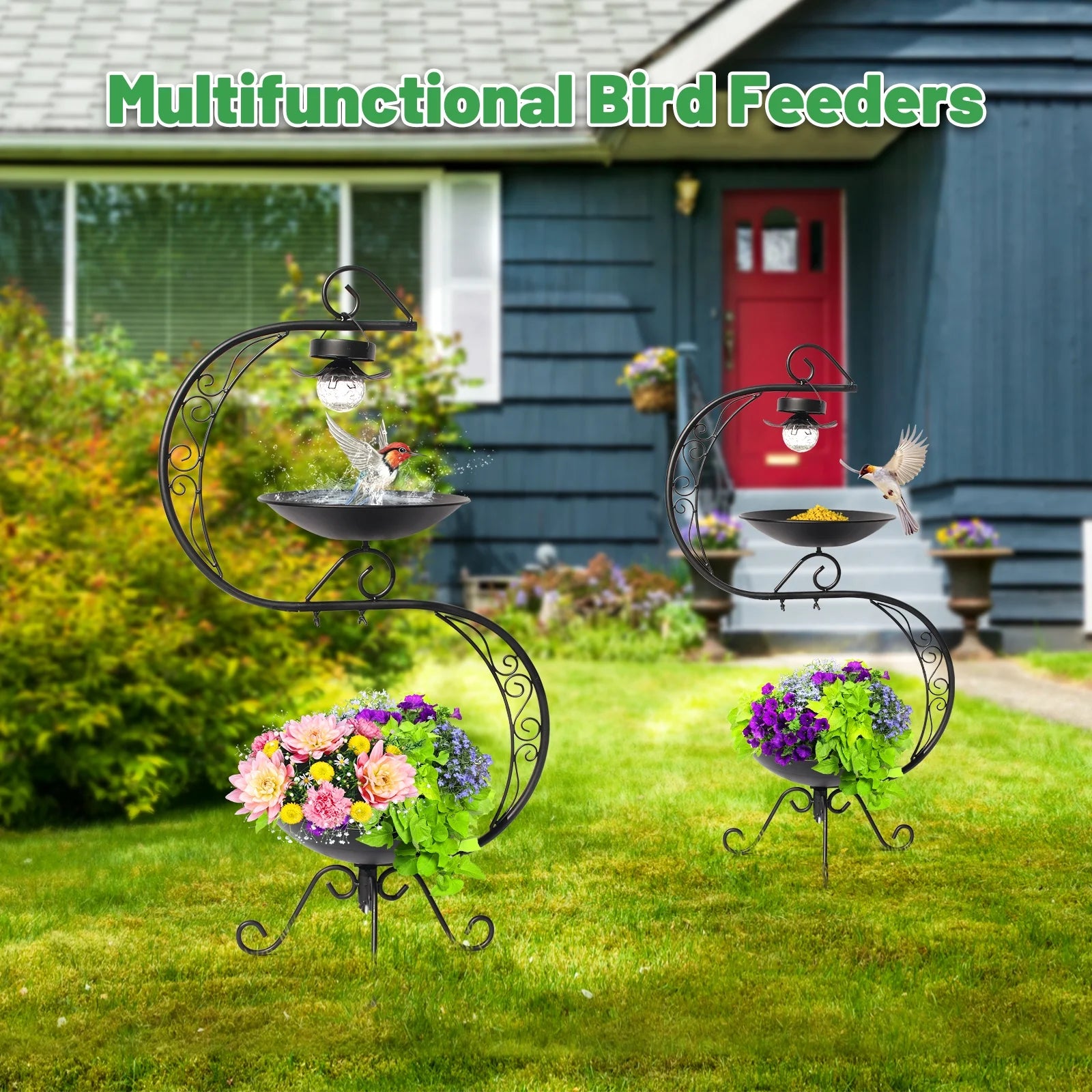 36" Vintage Cast Iron Bird Bath with Solar Lights & Feeder, Weather-Resistant Outdoor Garden Decor for Hummingbirds