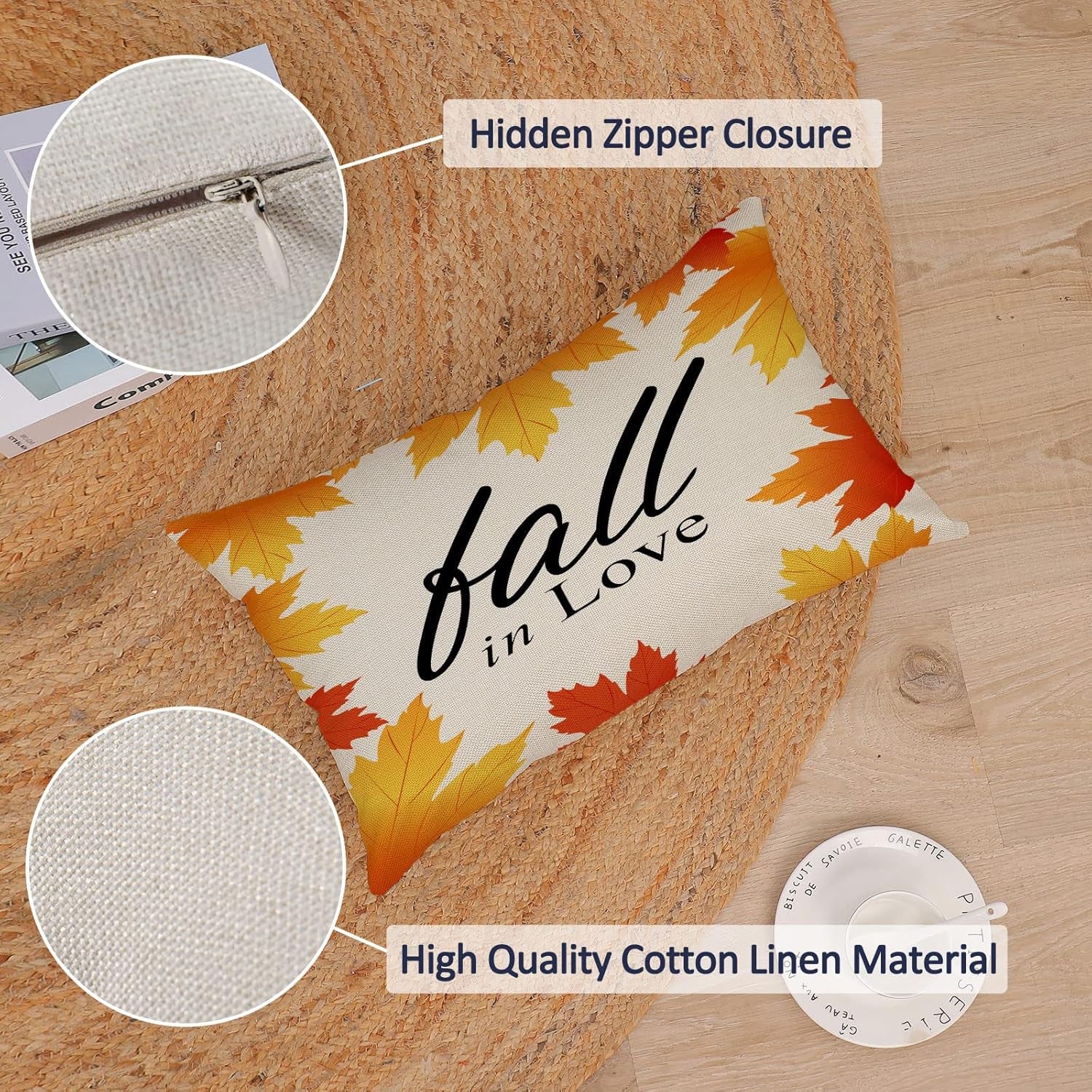 Set of 4 Fall Pillow Covers 12X20 Inch Thanksgiving Decor Throw Pillows Autumn Pumpkins Leaves Decorative Home Outdoor Sofa Couch Lumbar Cases for Decorations (12 by 20) Y-Fall 08 12*20