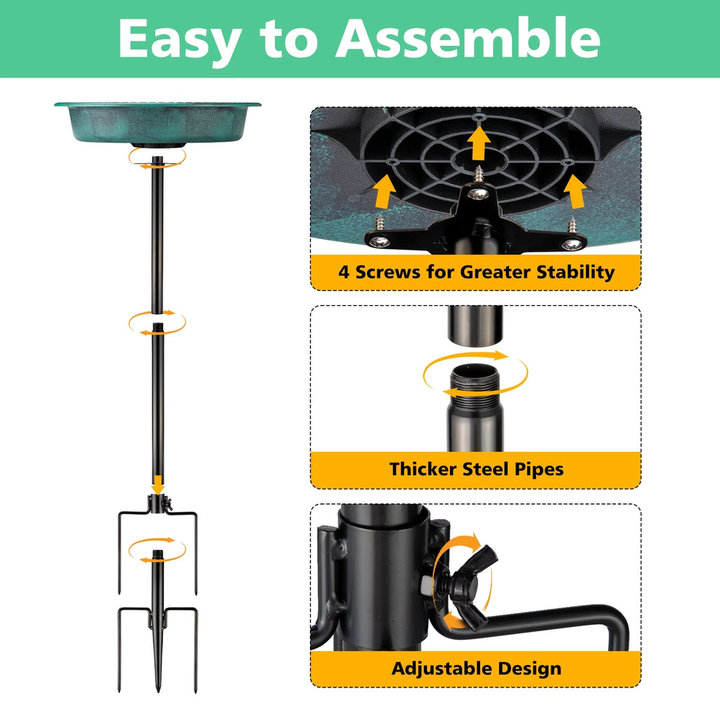 Oval Polyresin Bird Bath Bowl with Metal Stake, 34 Inch Height Outdoor Freestanding Birdfeeder - Green