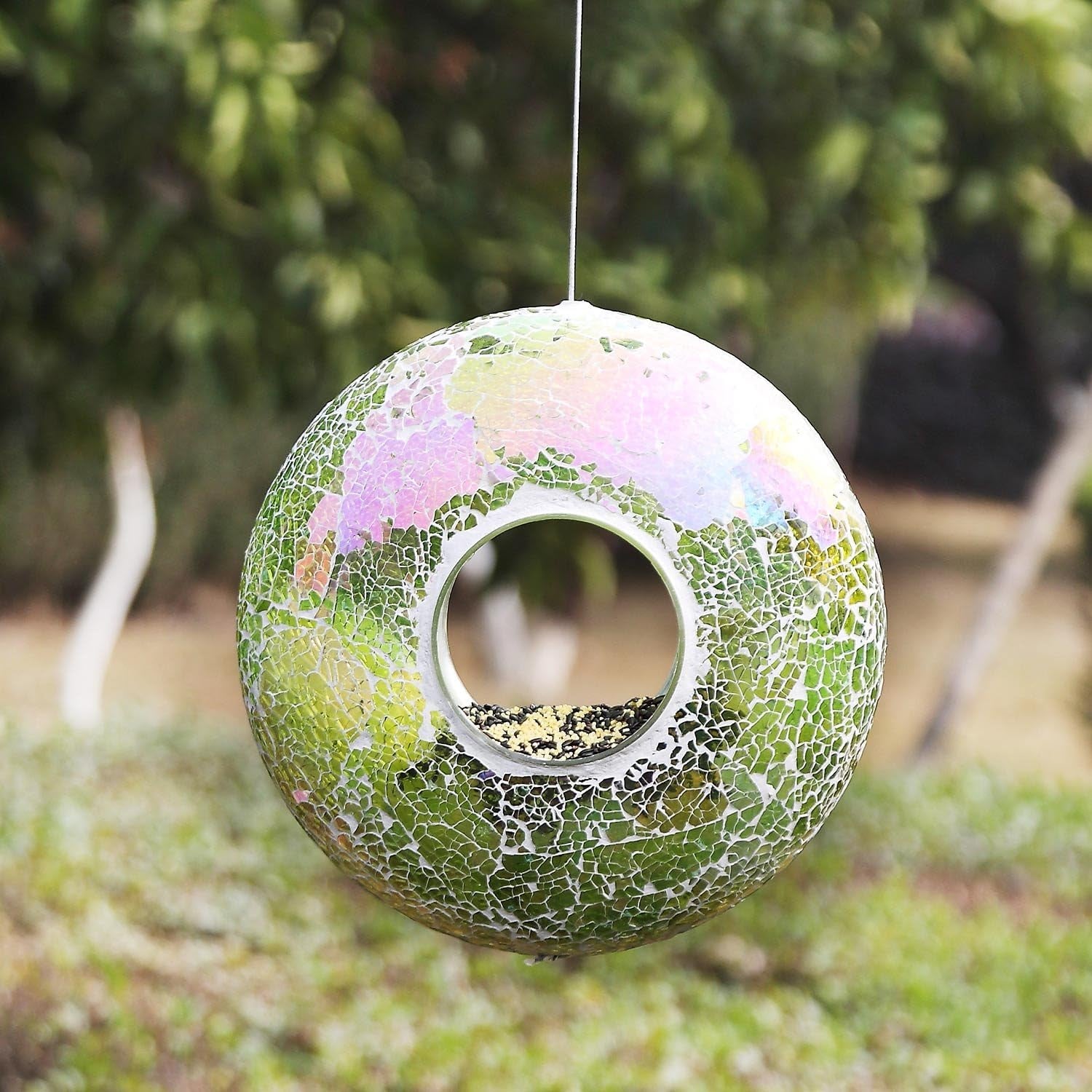 Bird Feeder, round Squirrel-Proof Wild Bird Feeder, Fly-Through Hanging Glass Design, Large Wreath-Shaped Bird Feeder, Mosaic Patterns for Outdoor Gardens and Yards Decoration, Green