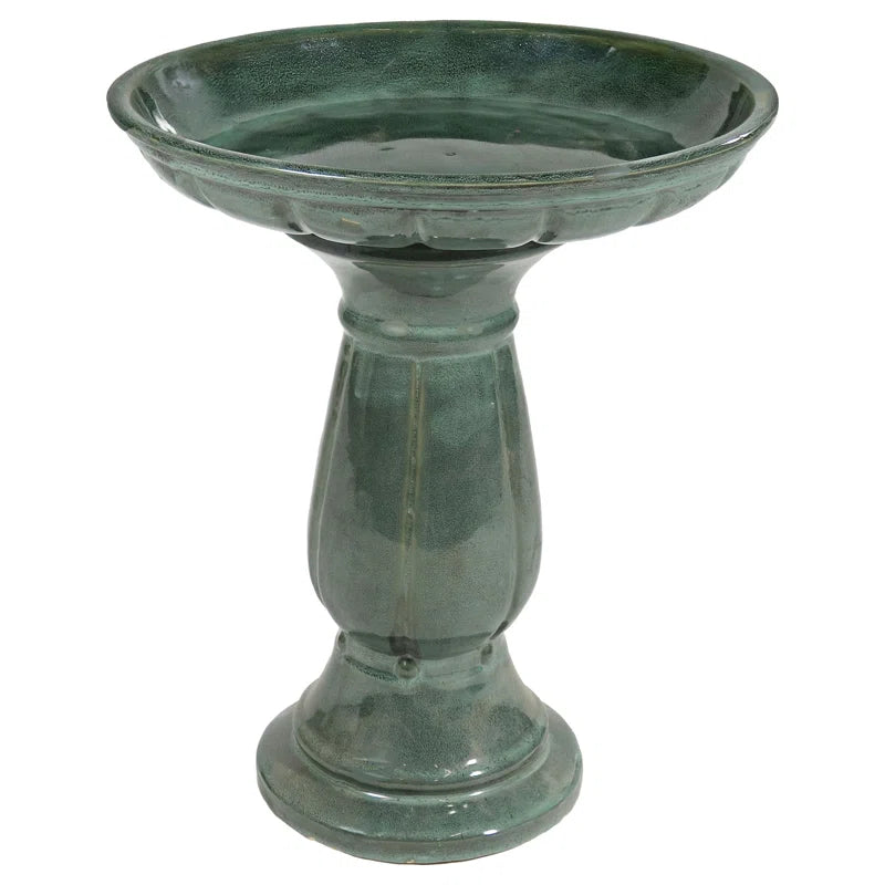 Aubriela Freestanding Ceramic Outdoor Bird Bath, Uv-Resistant Green Mist Finish