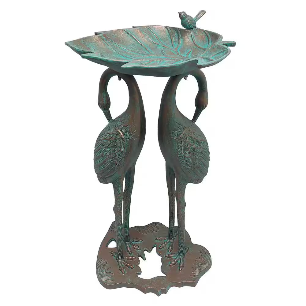 Cast Aluminum 30 In. Twin Crane Copper Patina Bird Bath with Leaf Bowl
