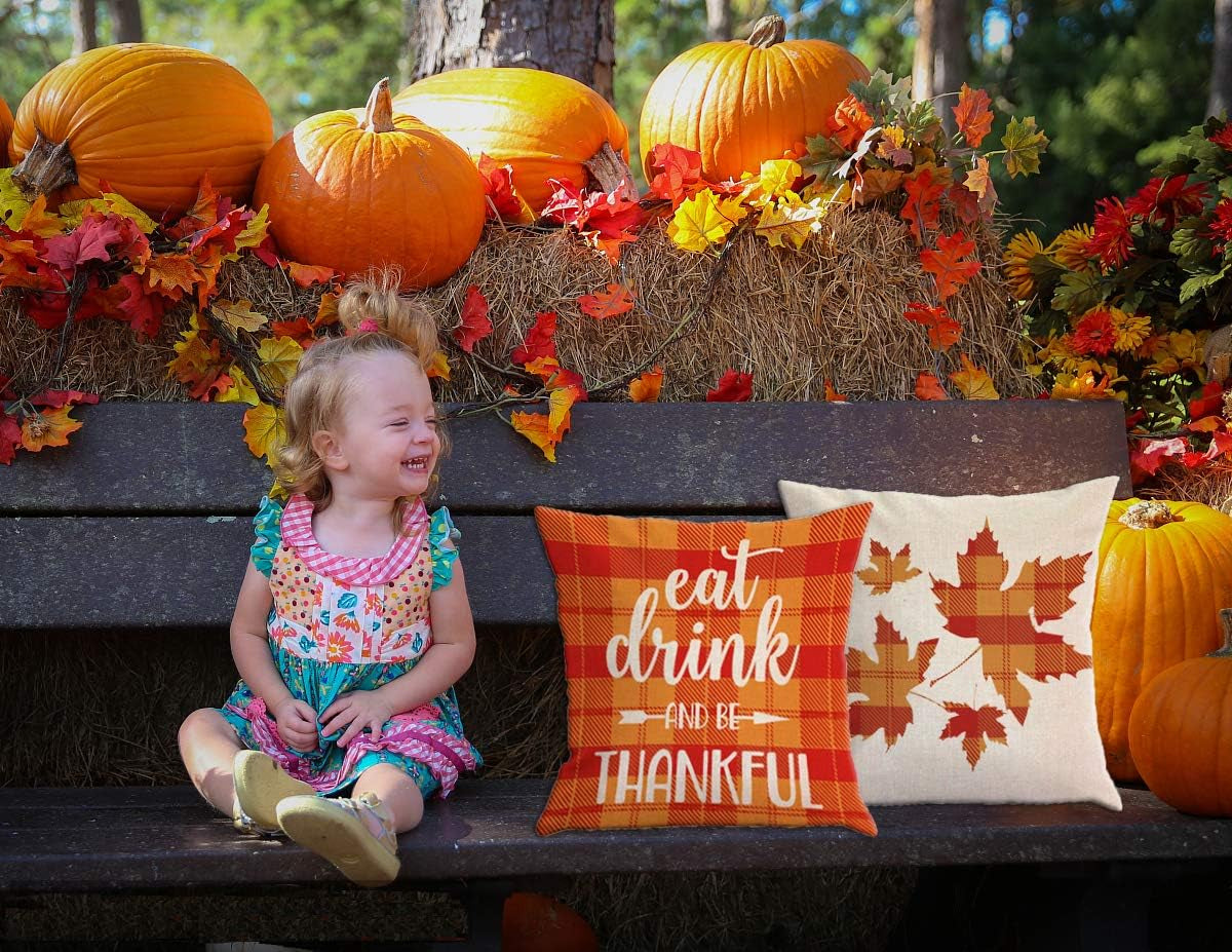 Fall Pillow Covers 18X18 Inch Thanksgiving Farmhouse Decorative Throw Pillow Insert Set of 4, Linen Fall Pillow Covers with Zipper, Maple Leaf, Pumpkin, Truck Design, Autumn Decor for Home