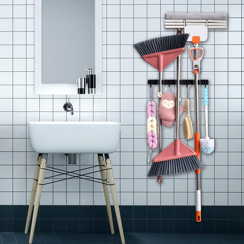 Mop and Broom Holder Wall Mount, Stainless Steel Heavy Duty Garden and Kitchen Garage Tool Organizer Wall Hanger for Home Goods (3 Racks 4 Hooks)