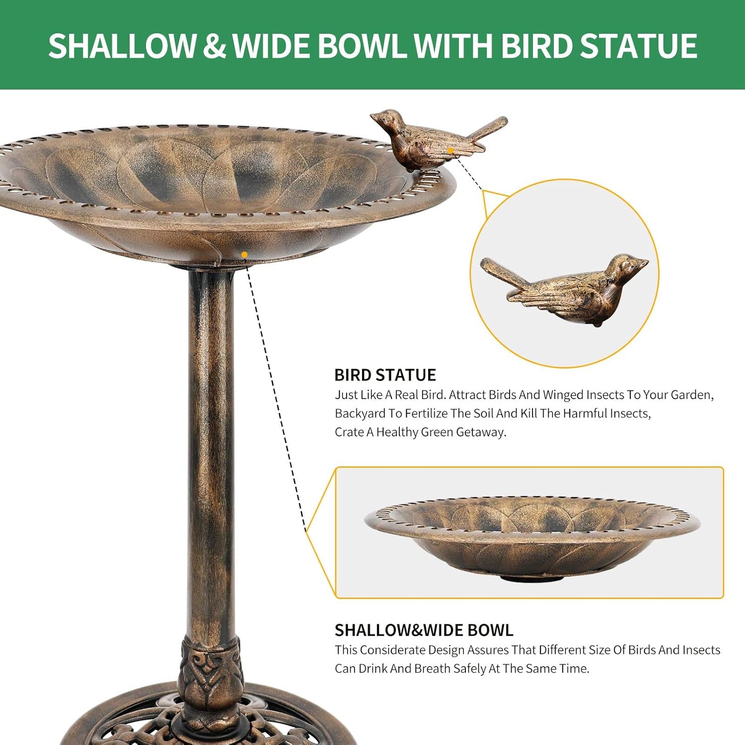 28 Inch Bird Bath for Outdoor with Bird Decoration Lightweight Garden Antique Birdbath Vintage Yard Statue Backyard Bird Bath
