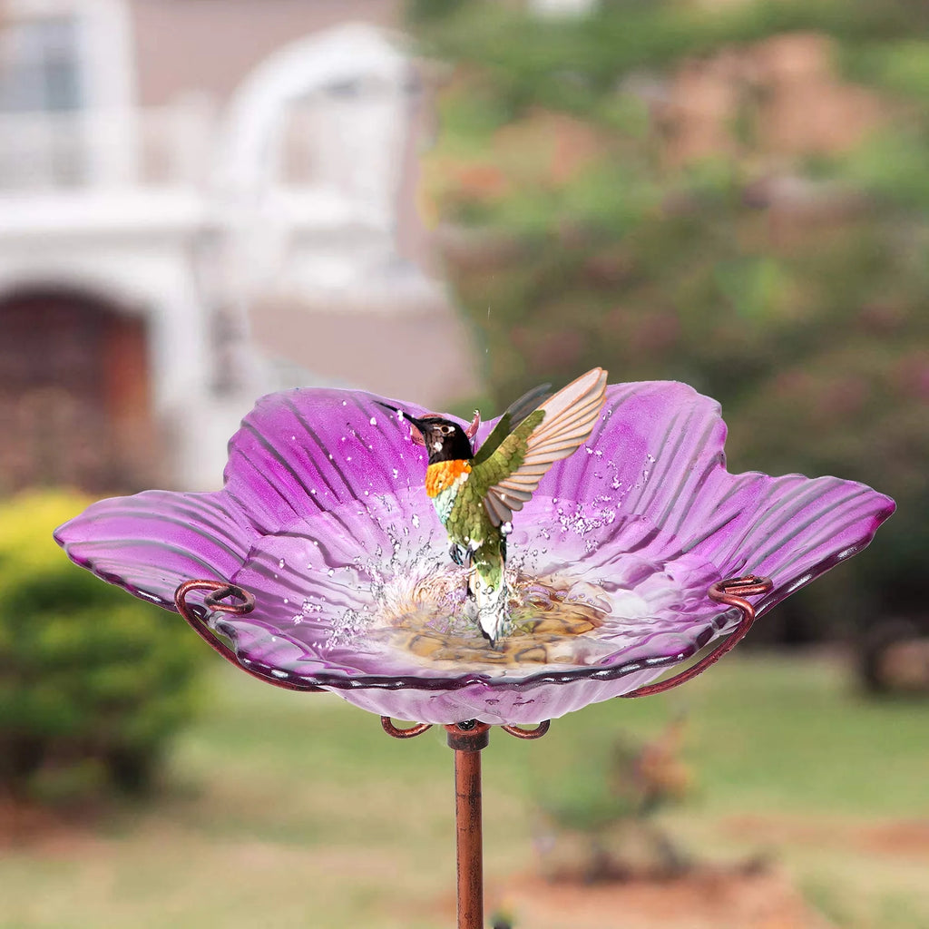 Glass Bird Bath, Outdoor Bird Feeders with Metal Stake, Pink Bird Bowls for Garden Yard Lawn