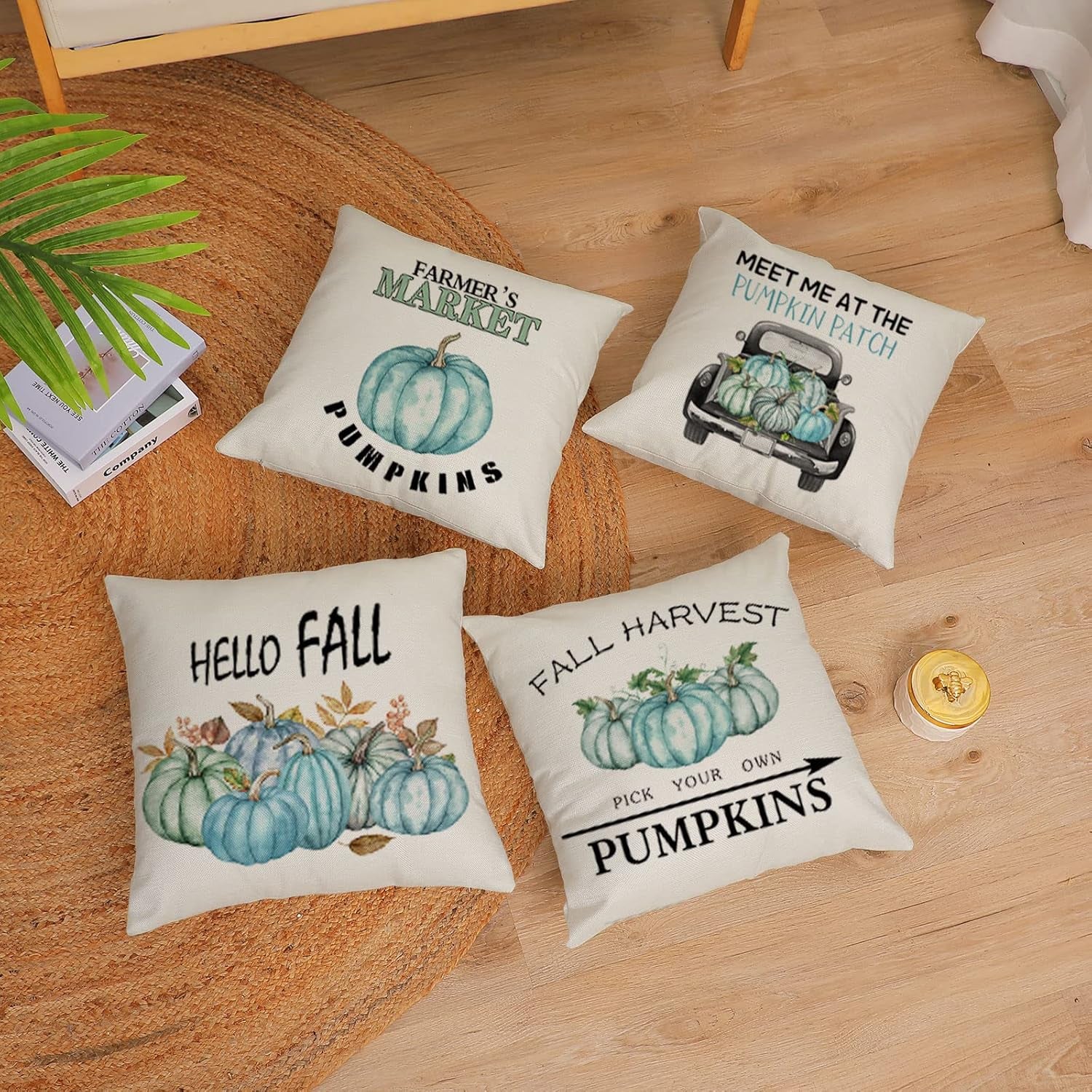 Set of 4 Fall Pillow Covers 16X16 Inch Thanksgiving Throw Pillows Covers Autumn Blue Pumpkins Decorative Cushion Covers Home Outdoor Sofa Couch Pillow Cases for Fall Decorations (16 by 16)