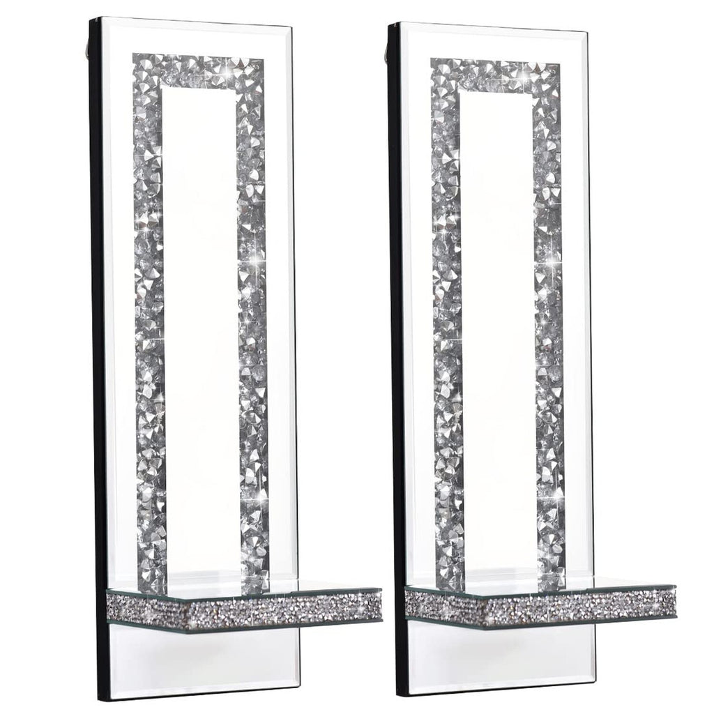 Crystal Crush Diamond Mirrored Candle Sconces, Silver Wall Candle Holder Set ...