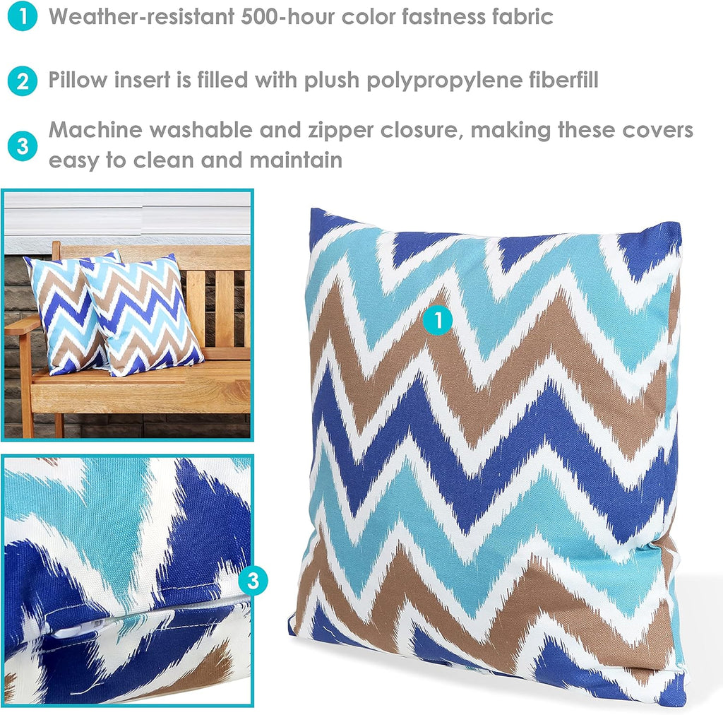 Indoor and Outdoor Decorative Throw Pillows Set of 2 with Zipper Closures and Inserts - 17-Inch Square Patio Furniture Accents - Weather-Resistant Polyester - Chevron Bliss