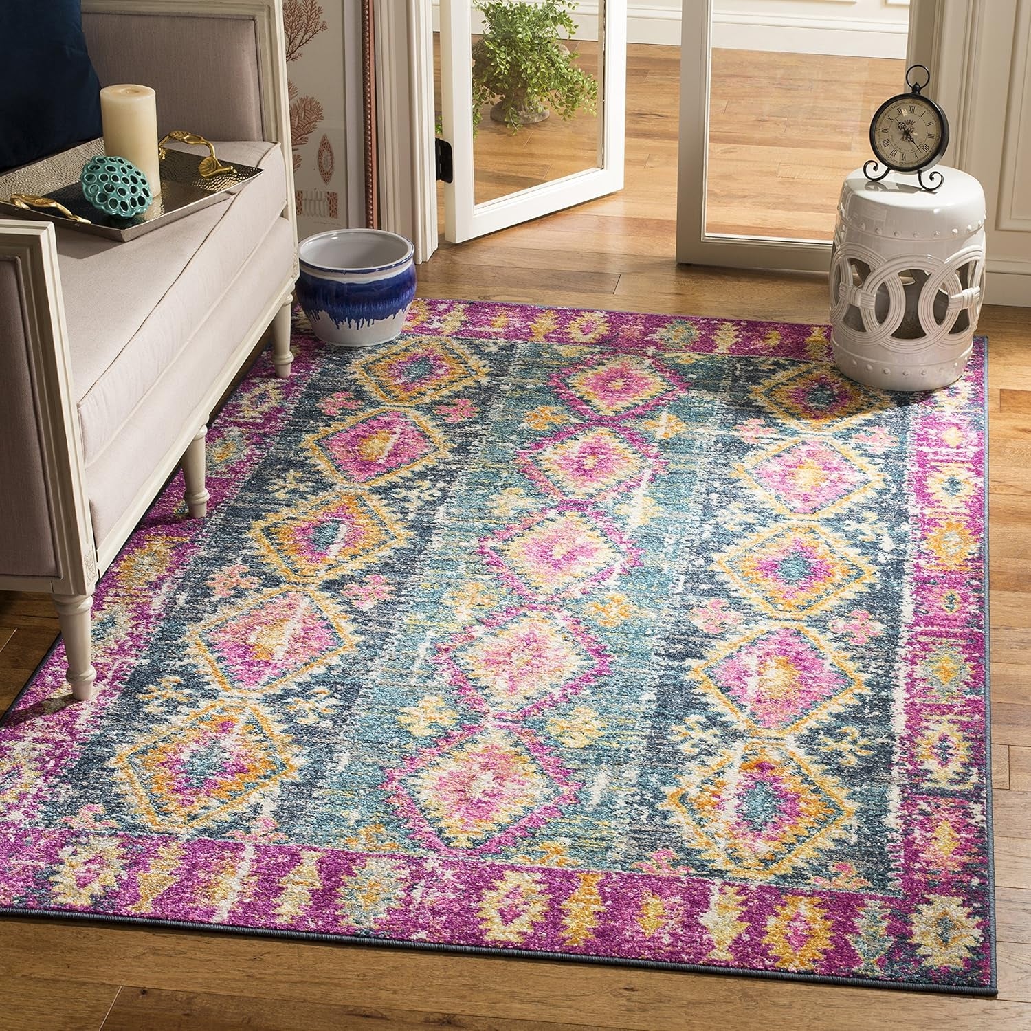 Area Rug 8X10 - Madison Collection - Large - Fuchsia & Blue, Boho Chic Distressed Design, Non-Shedding & Easy Cleaning, Ideal for Living Room, Bedroom, Office, Dining Space (MAD129F)