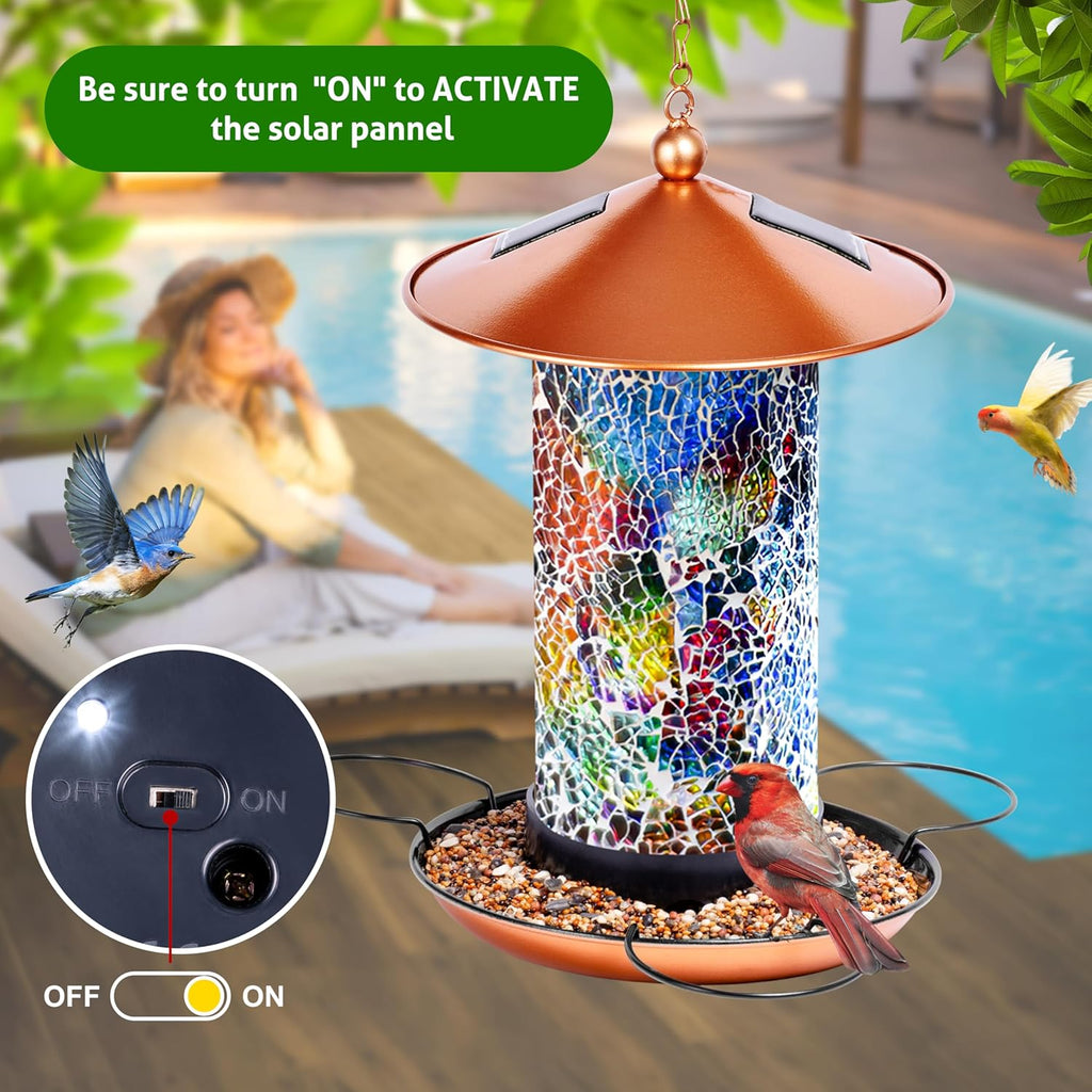 Mosaic Solar Wild Bird Feeder, Waterproof Lantern Shape with S-Hook & 4 LED Lights, Garden Decor for Lawn, Patio, Balcony, Yard Ornament - Unique Gifts for Mom, Women, Grandma, Bird Lovers