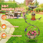 3-In-1 38 In. Vintage Metal Waterproof Bird Bath Black with Solar Bird Feeder and Planter Pedestal