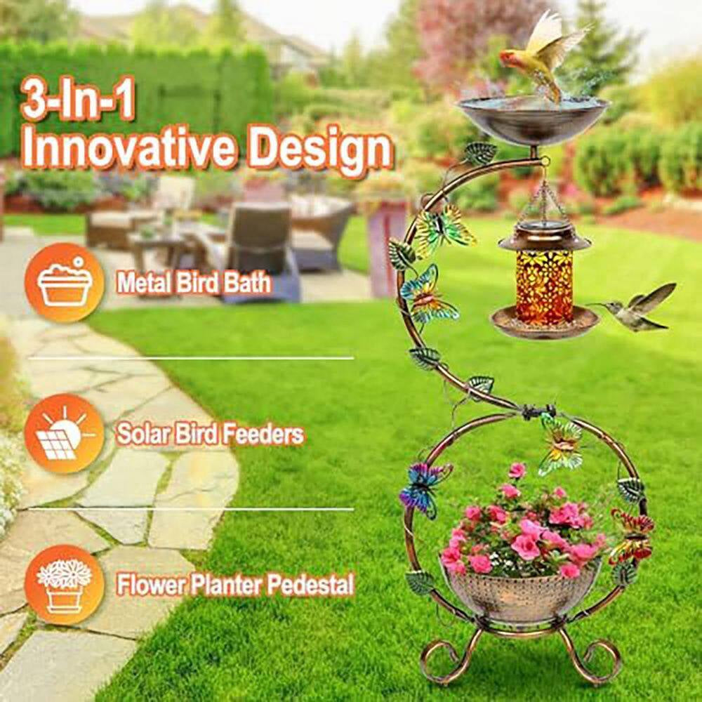 3-In-1 38 In. Vintage Metal Waterproof Bird Bath Black with Solar Bird Feeder and Planter Pedestal