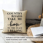 Farmhouse Quotes Rustic Decorative Throw Pillow Cover, Country Roads Take Me Home Sign Cushion Case Home Decorations, Inspirational Square Pillowcases Cotton Linen Decor for Sofa Couch 18 X 18
