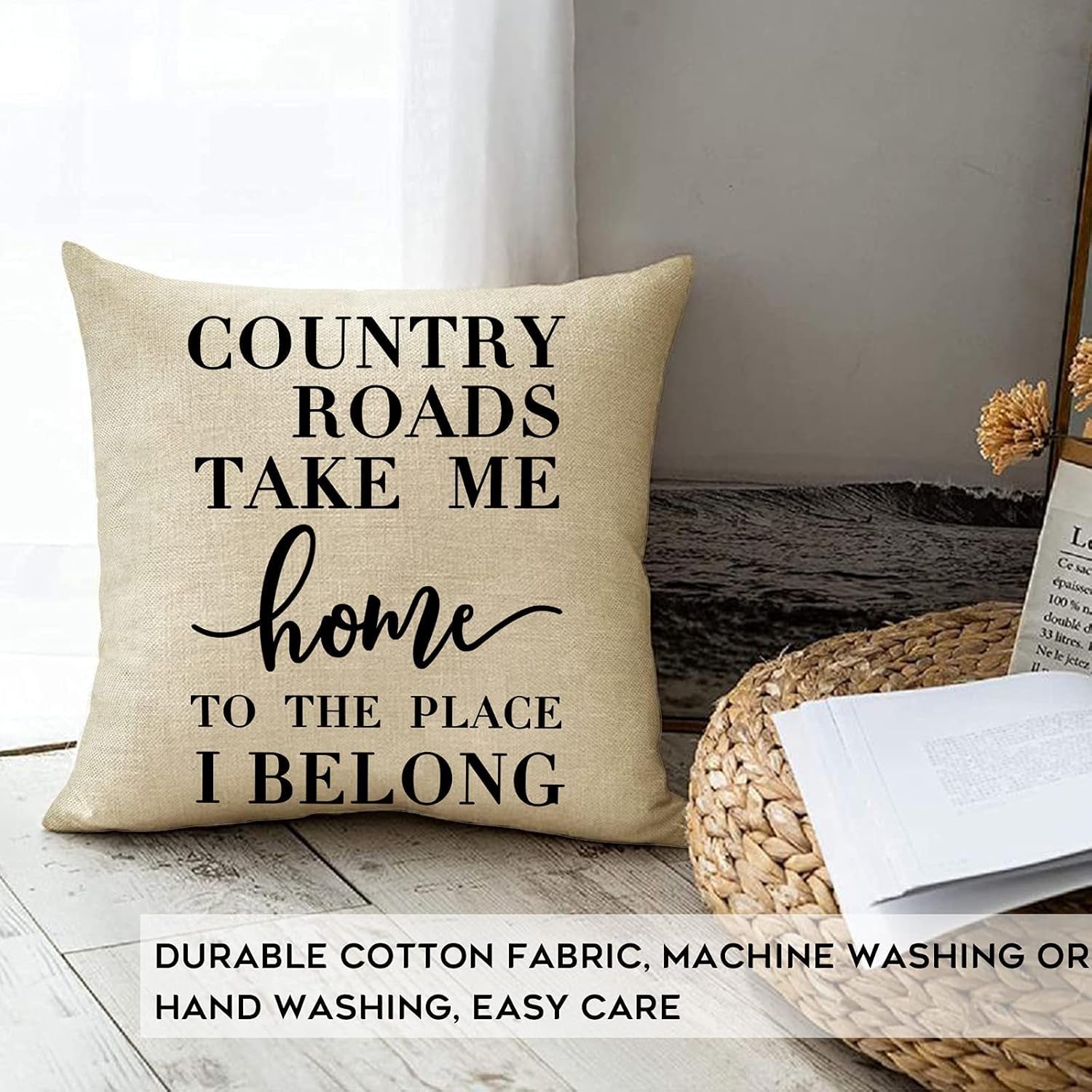 Farmhouse Quotes Rustic Decorative Throw Pillow Cover, Country Roads Take Me Home Sign Cushion Case Home Decorations, Inspirational Square Pillowcases Cotton Linen Decor for Sofa Couch 18 X 18