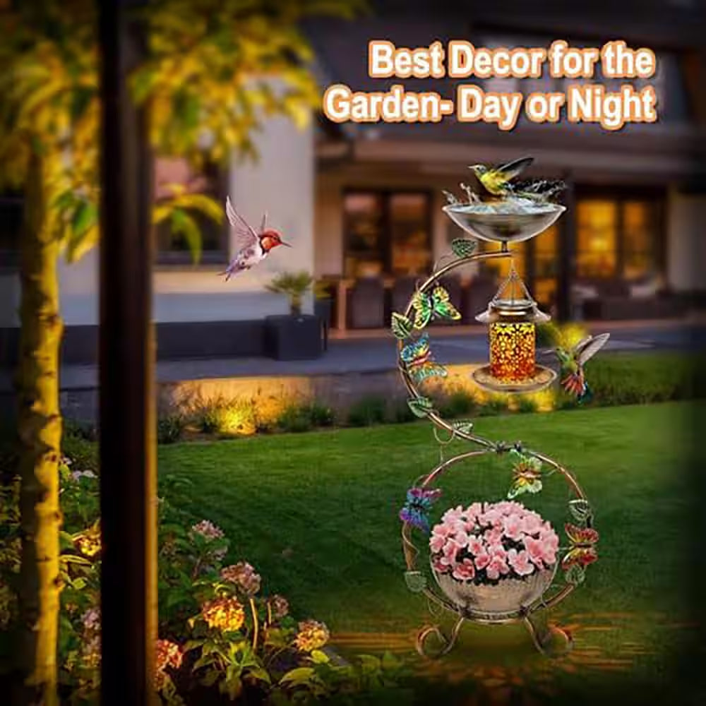 3-In-1 38 In. Vintage Metal Waterproof Bird Bath Black with Solar Bird Feeder and Planter Pedestal