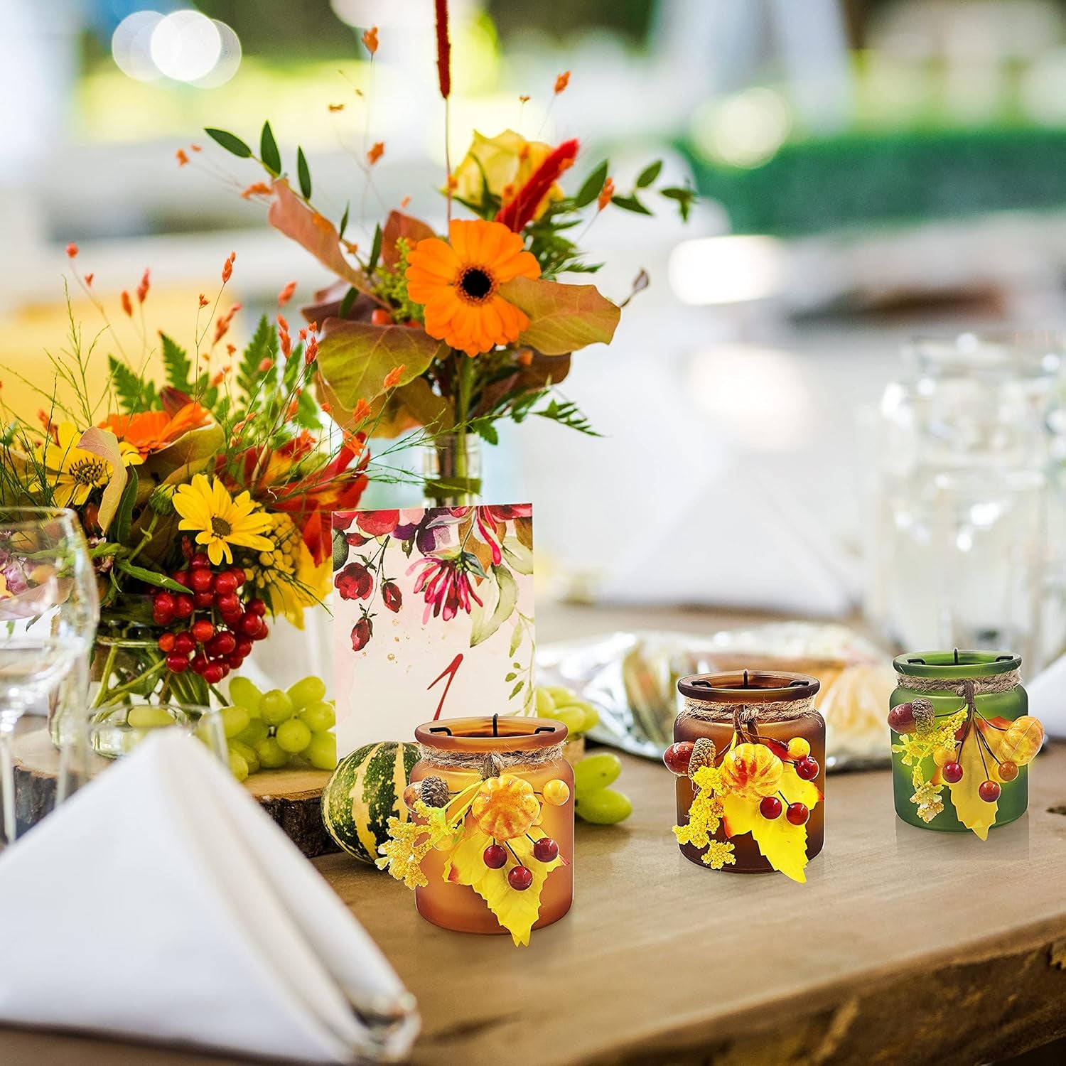 Fall Candle Holders Set of 6, Pumpkin Glass Votive Candle Holders, Amber Tea Lights Holders for Thanksgiving Table Decoration