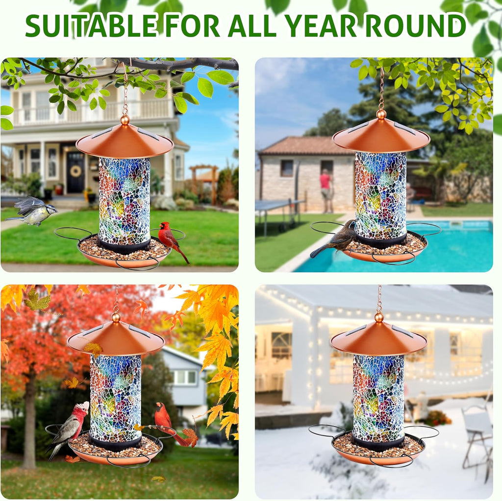 Mosaic Solar Wild Bird Feeder, Waterproof Lantern Shape with S-Hook & 4 LED Lights, Garden Decor for Lawn, Patio, Balcony, Yard Ornament - Unique Gifts for Mom, Women, Grandma, Bird Lovers