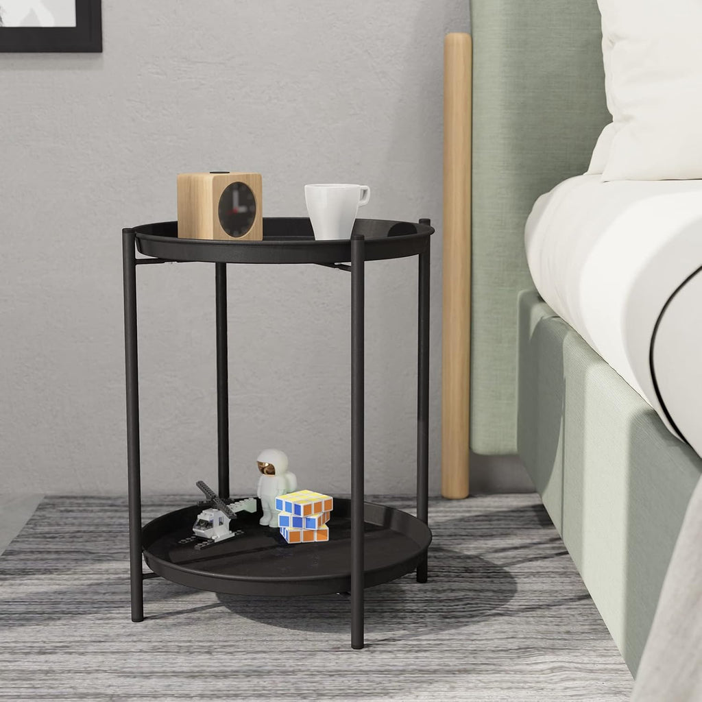 Outdoor Side Table, 2-Tier Metal round End Table, Black