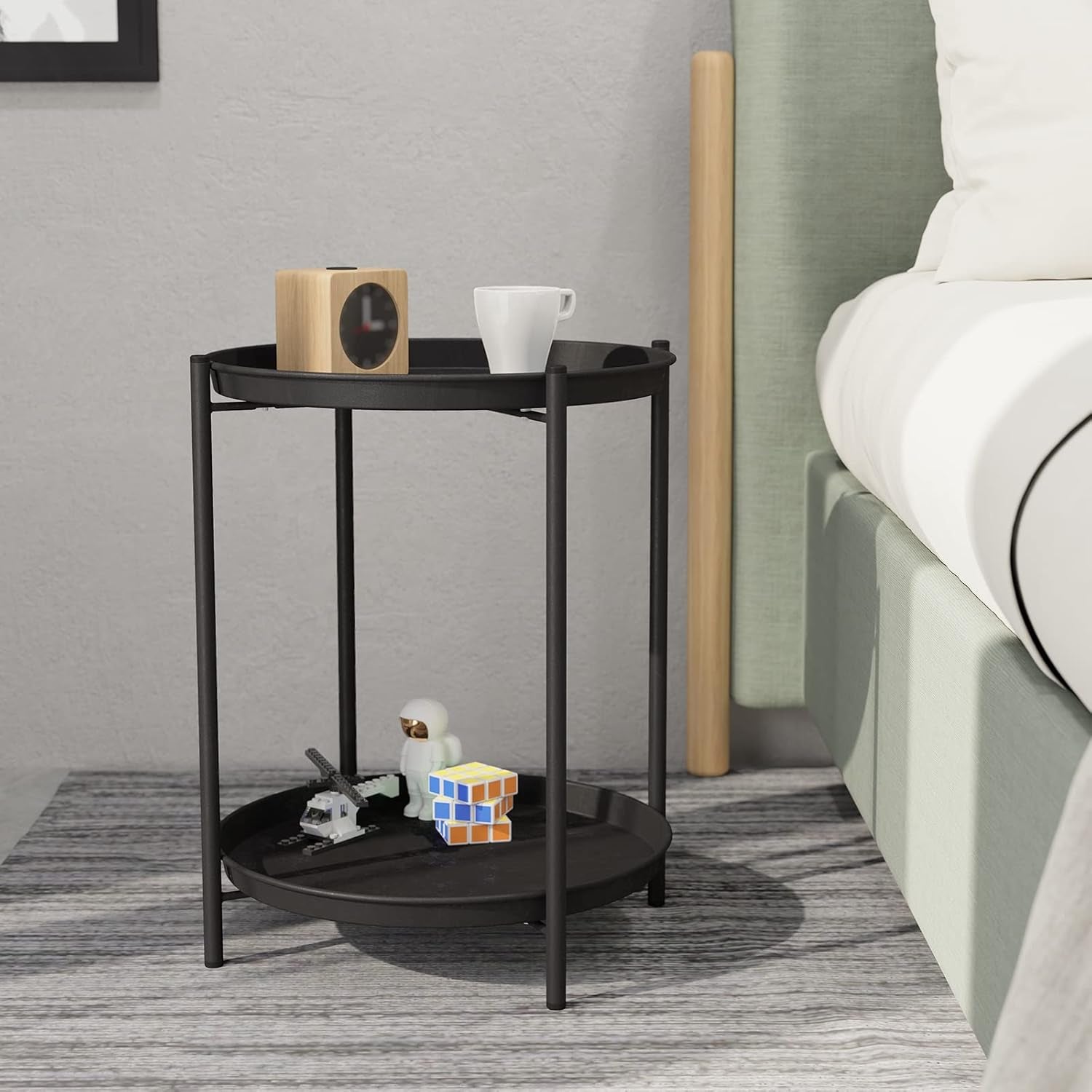 Outdoor Side Table, 2-Tier Metal round End Table, Black