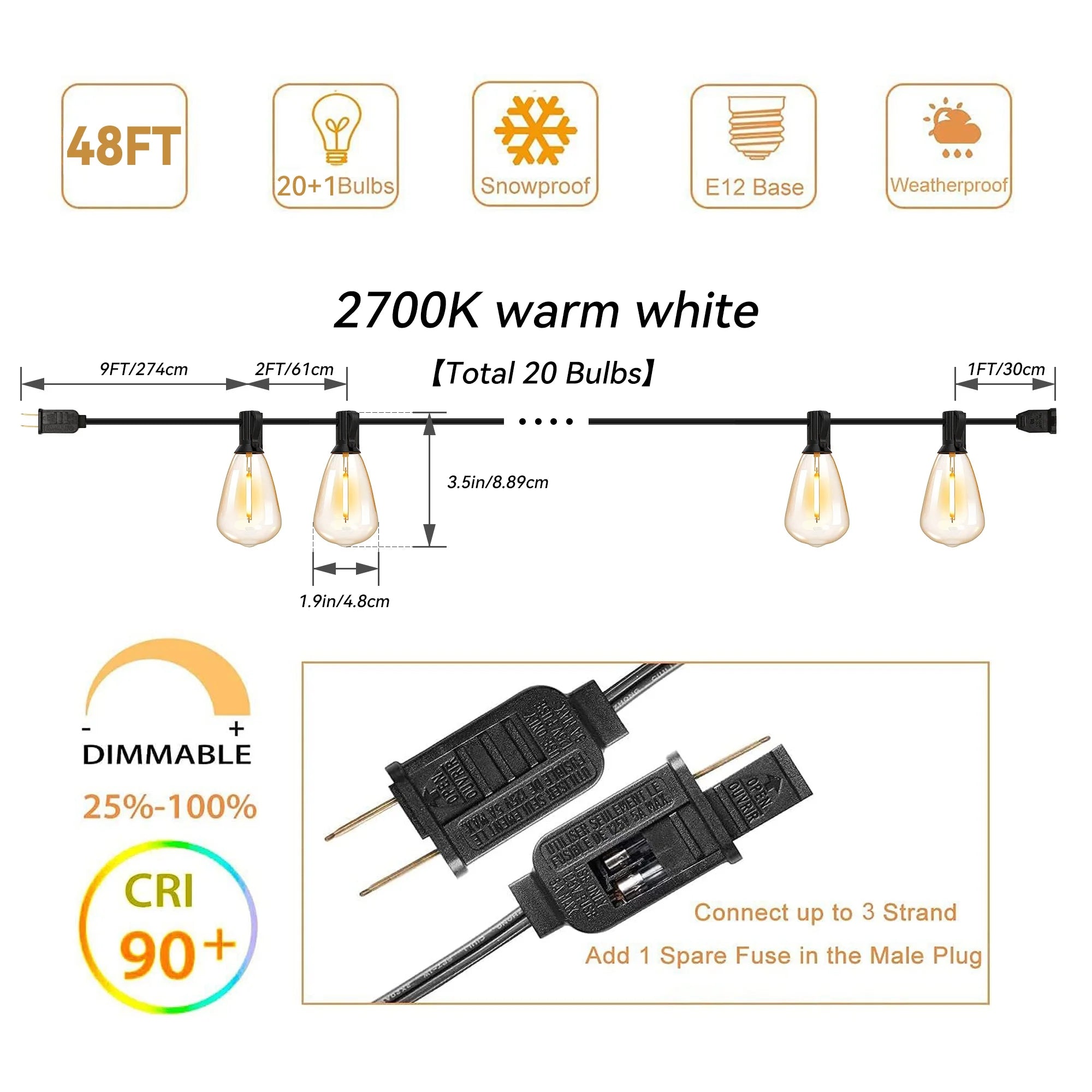 ST38 Outdoor String Lights, 48Ft Connectable Pitao Lights with 2700K Waterproof Bulbs, Dimmable Hanging Lights for Porch Yard Canopy