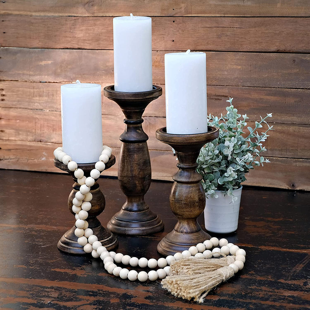 Tall Candle Holders for Pillar Candles, Rustic Candle Holders Table Centerpiece Accent, Pillar Candle Holder for Dining Table, Farmhouse Candle Holders, Wood Candle Holders for Mantel Black Dark Brown
