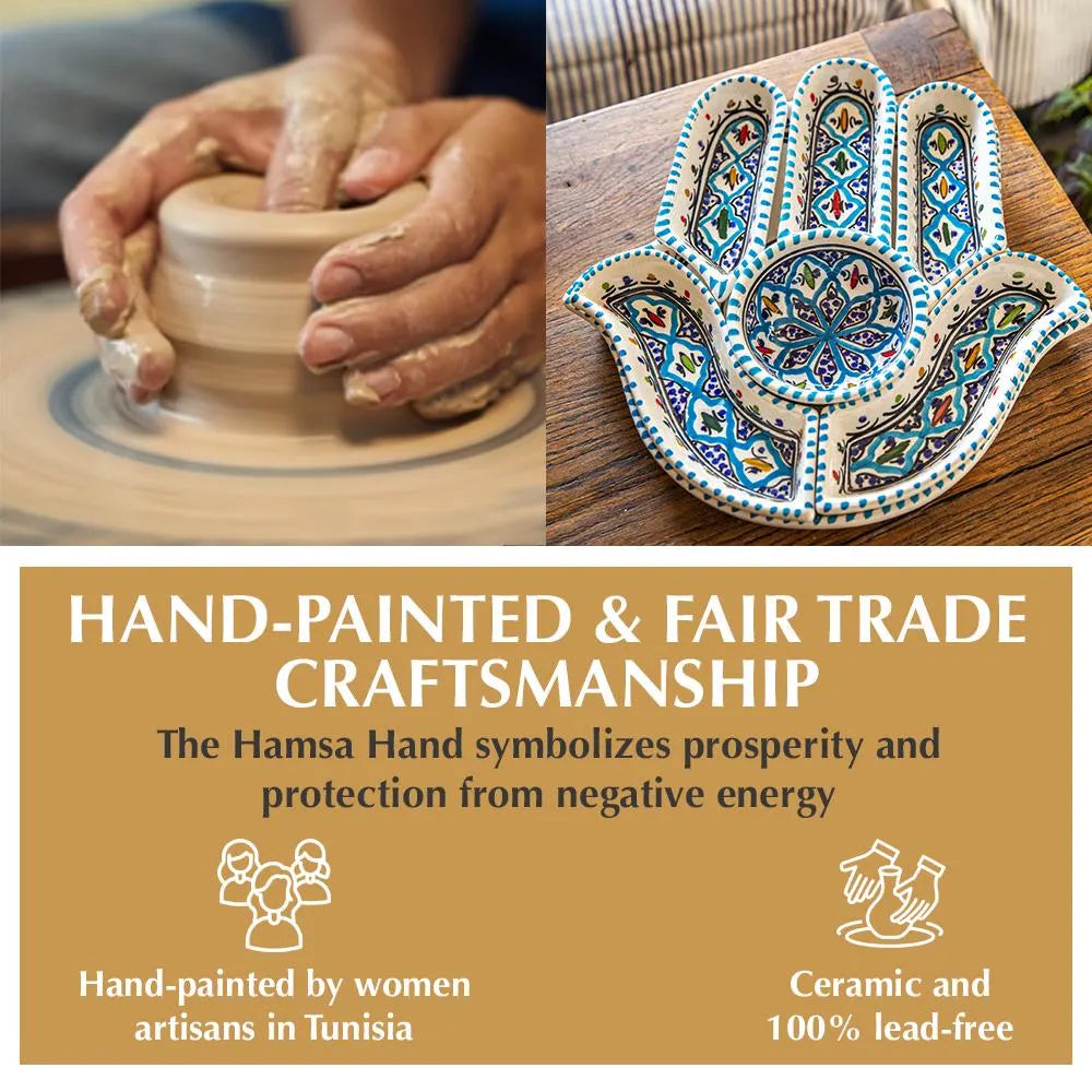Ceramic Serving and Dipping Set - Handmade Boho Turquoise Hamsa