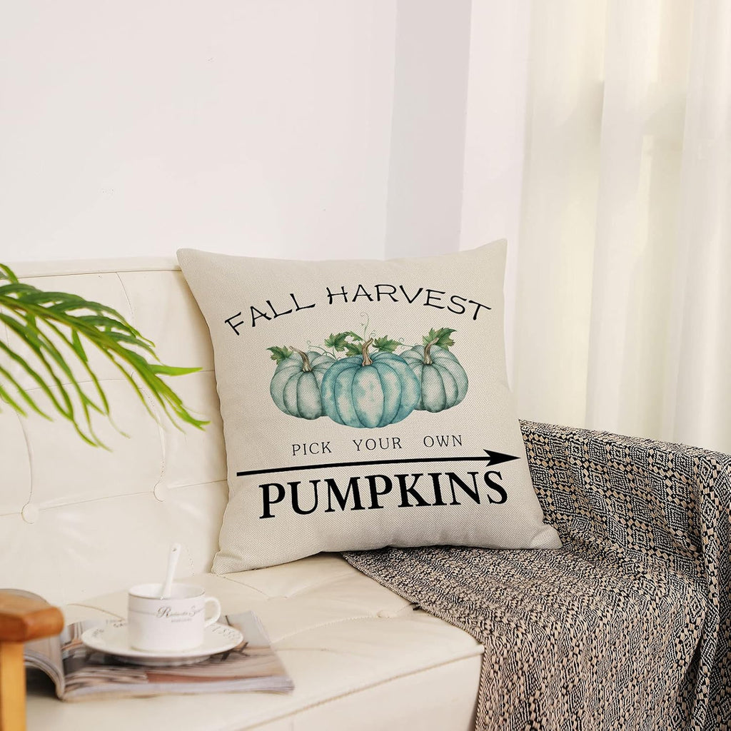 Set of 4 Fall Pillow Covers 16X16 Inch Thanksgiving Throw Pillows Covers Autumn Blue Pumpkins Decorative Cushion Covers Home Outdoor Sofa Couch Pillow Cases for Fall Decorations (16 by 16)