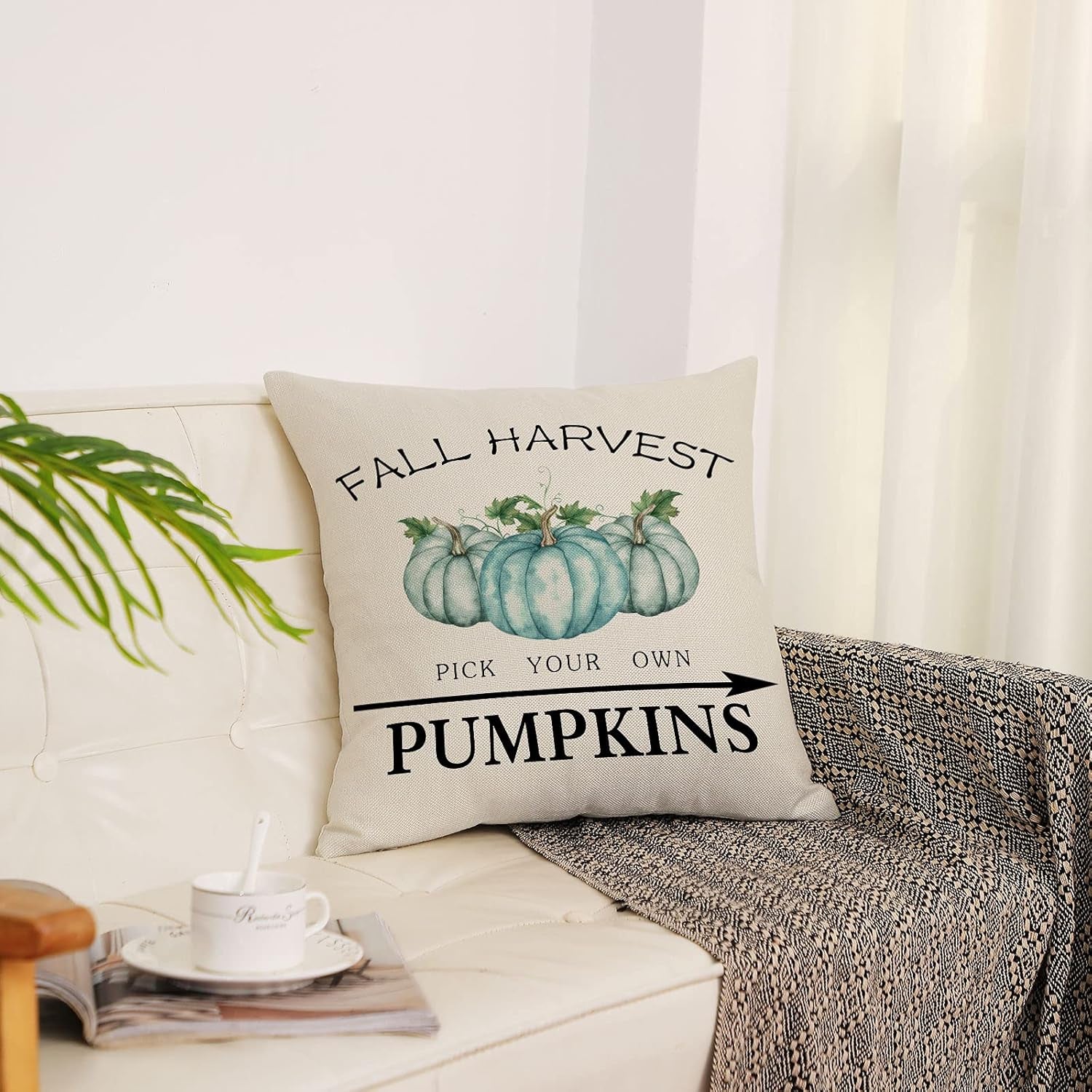 Set of 4 Fall Pillow Covers 16X16 Inch Thanksgiving Throw Pillows Covers Autumn Blue Pumpkins Decorative Cushion Covers Home Outdoor Sofa Couch Pillow Cases for Fall Decorations (16 by 16)