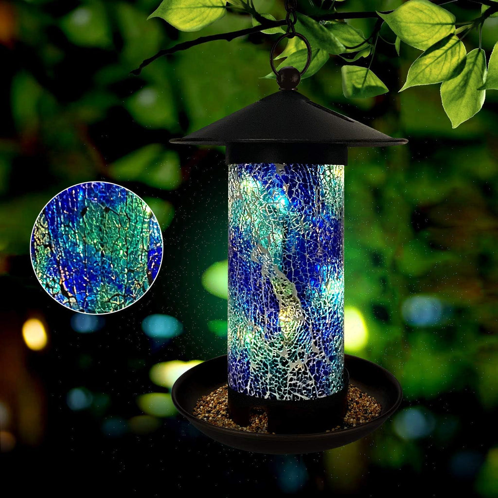 Solar Bird Feeders for Outdoors Hanging Unique Retro Hanging Bird Feeder as Garden Yard Decoration, Waterproof Bird Feeder for outside Wild Birds (Blue)