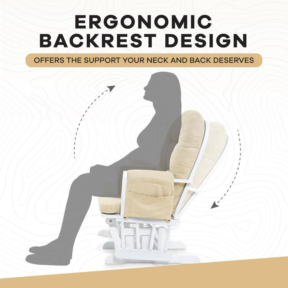 White/Cream Modern Glider Nursery Rocking Chair with Ottoman, Ideal for Breastfeeding and Reading